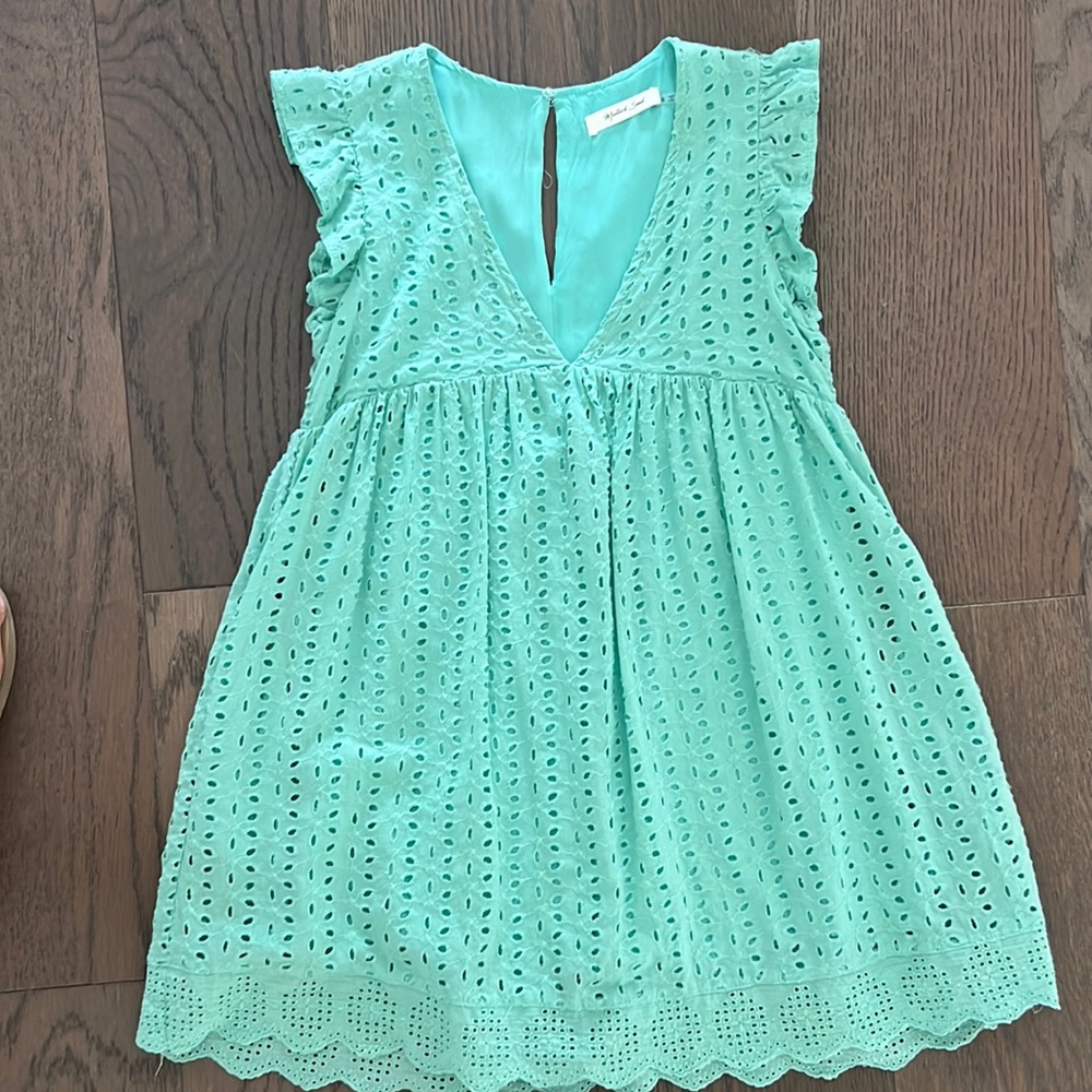 AQUA V NECK EYELET DRESS/ROMPER RUFFLE DETAIL